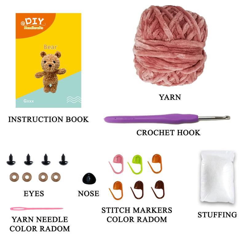 Bear Shaped Crochet Kit, Crochet Starter Kit for Beginners, Crochet Starter Kit with Step-by-step Video Tutorials & Paper Instructions (Random Color Tool Accessories Included)