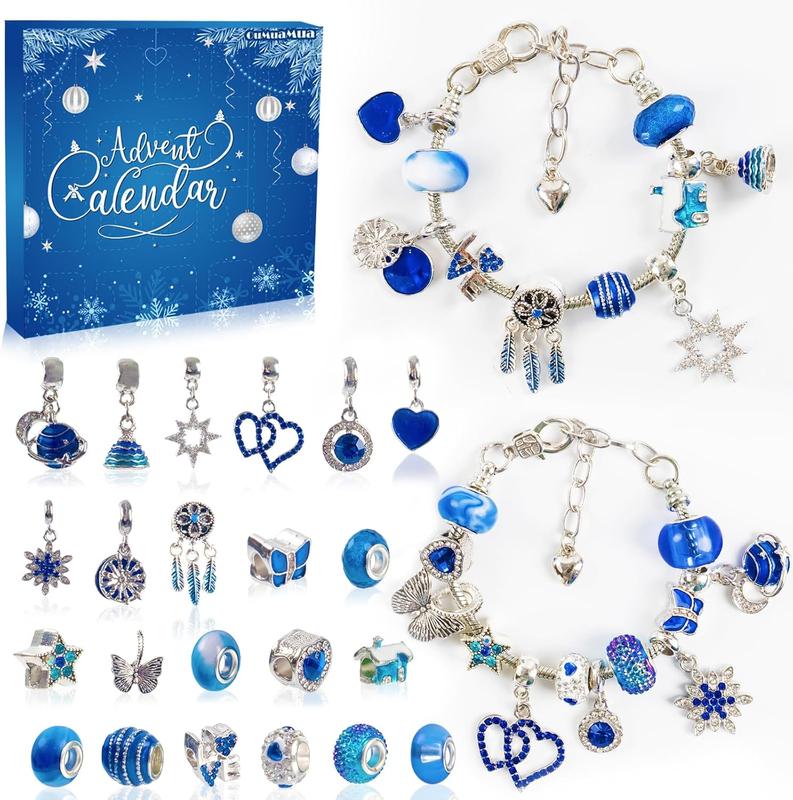 [Maly Home] Advent Calendar Charm Bracelets 2024 - 24 Days Christmas Countdown DIY Jewelry Kit with Blue Charms