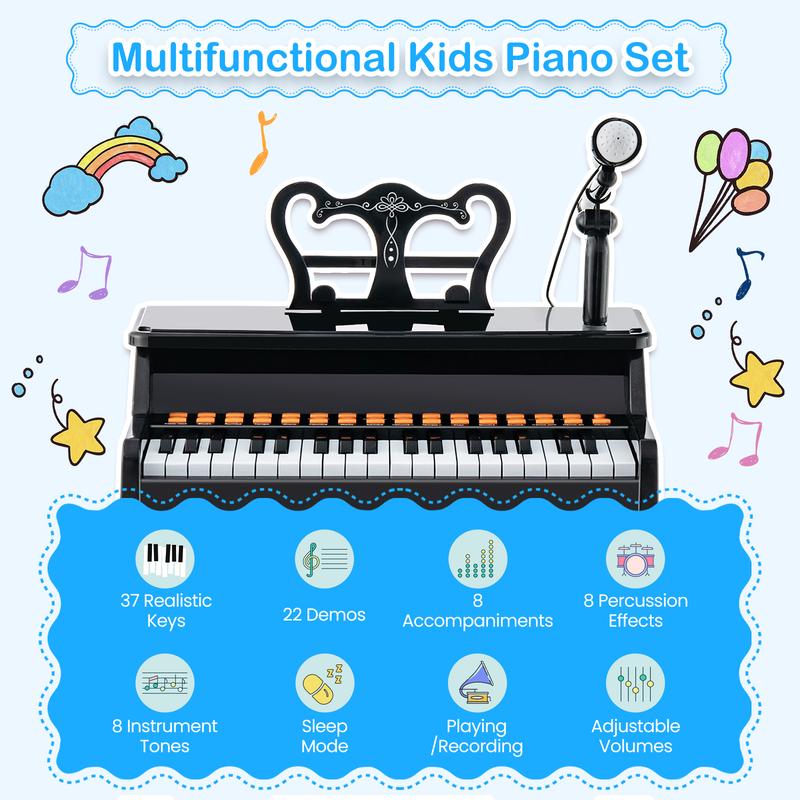 FestivalJoy-37 Keys Music Piano with Microphone Kids Piano Keyboard with Detachable Music Stand-Black