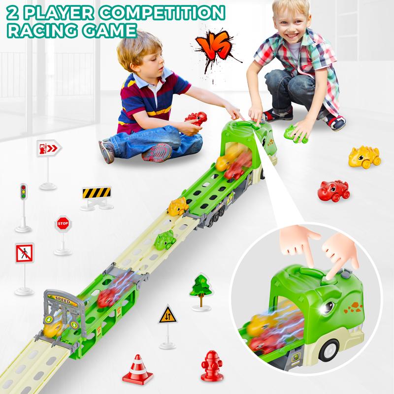 Dinosaur Truck Toys for 2 3 4 5 6 7 Year Boy Toddler, Foldable Track & 2 Player Race Mode, Light & Sound Transport Carrier W  6 Dino Car & 12 Accessories, Birthday Gift Idea for Kids Girls