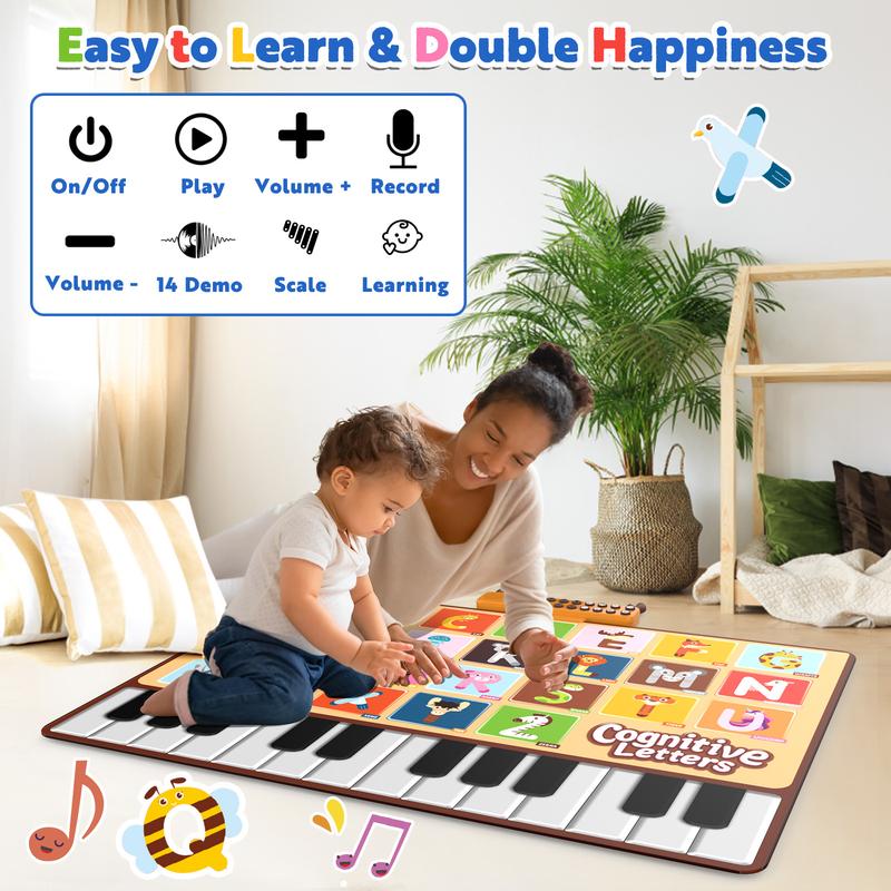 Bluejay Baby Piano Mat, Musical Keyboard Learning Toys with 26 Letters, Electronic Music Animal Touch Play Mat Toddler Toys Gifts for Boys and Girls 1 2 3 Year Old