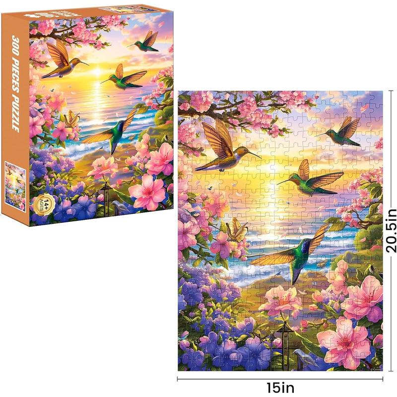 300 Pieces Puzzles for Adult Jigsaw Puzzle 300 Piece Puzzle Children Elderly Puzzle Hummingbird Beach Flower Puzzle Gift for Mom Dad Family Friend Family Activity Games Home Decor Wall Art 20.5x15IN