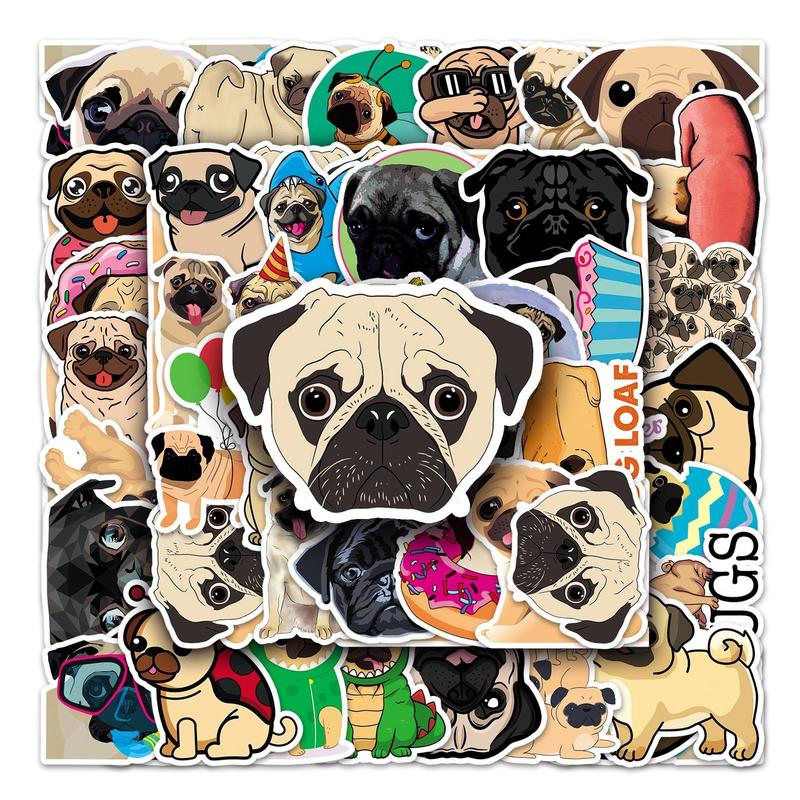 50pcs Cartoon Pug Dog Pattern Sticker, Waterproof Decorative Sticker For DIY Scrapbook, Guitar, Luggage, Skateboard