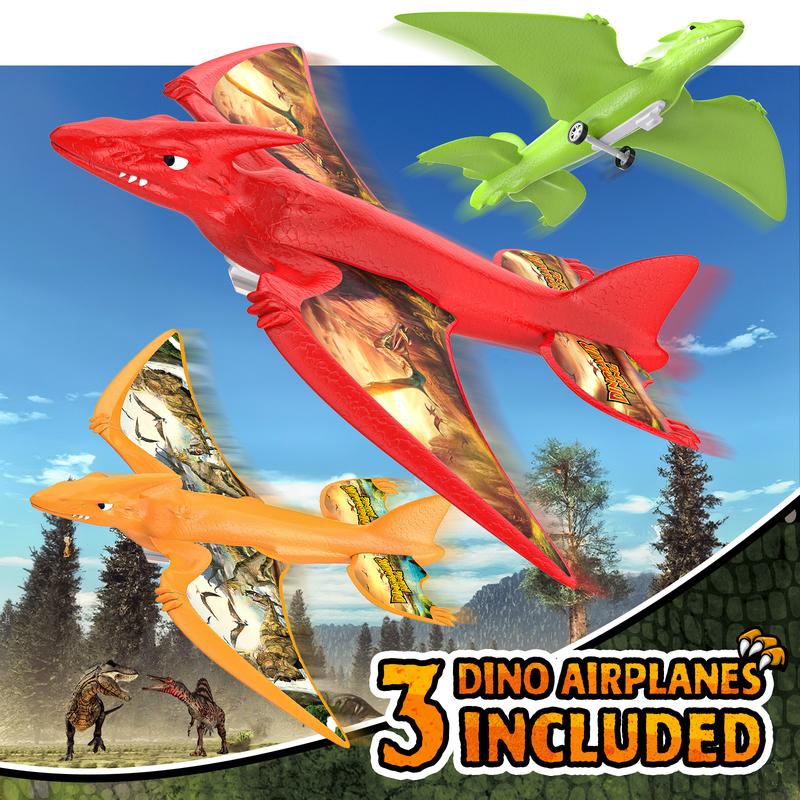 3 Pack Dinosaur Airplane Launcher Toys for Kids, Foam Airplanes for Kids Boys Toys with Stickers, Outdoor Flying Toys Birthday Gifts for 4 5 6 7 8 9 10 12 Year Old Boys Girls.