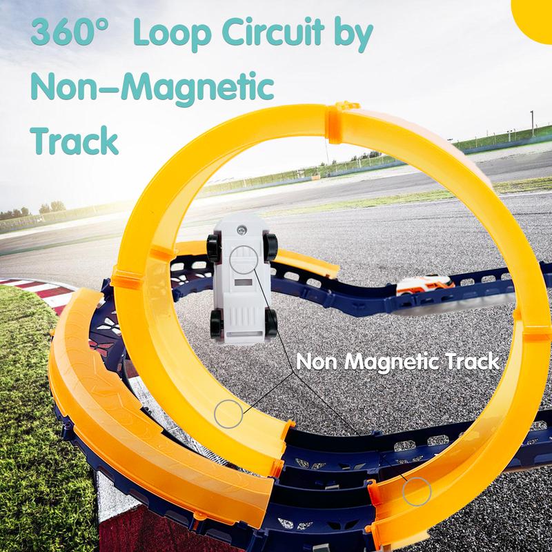 Slot-Car-Race-Track-Sets for Boys Kids, Non- Magnetic Push and Go Pull Back Trucks with 1 High-Speed Slot Car, Dual Racing Game 2 Hand Controllers Circular Overpass Track, Toys Gifts for 6-8 8-12 Boys Girls