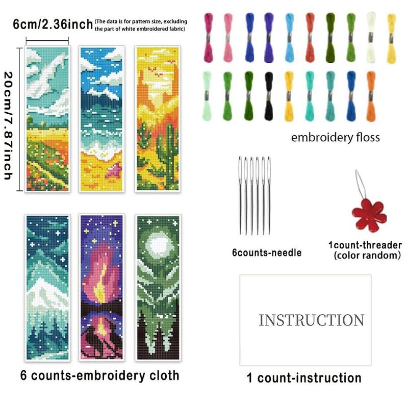 Natural Scenery Pattern DIY Cross Stitch Kit, 6 Counts set DIY Cross Stitch Bookmark Set, DIY Cross Stitch Kit with Instructions for Beginners