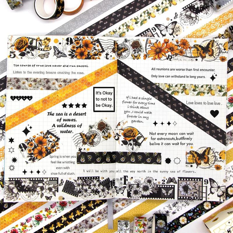 Washi Tape Set 14 Rolls, Vintage Bee Floral Butterfly Botanical Washi Tape, Yellow Black Decorative Tapes for Scrapbooking Supplies, Junk Journal, Bullet Journaling, Art Crafts