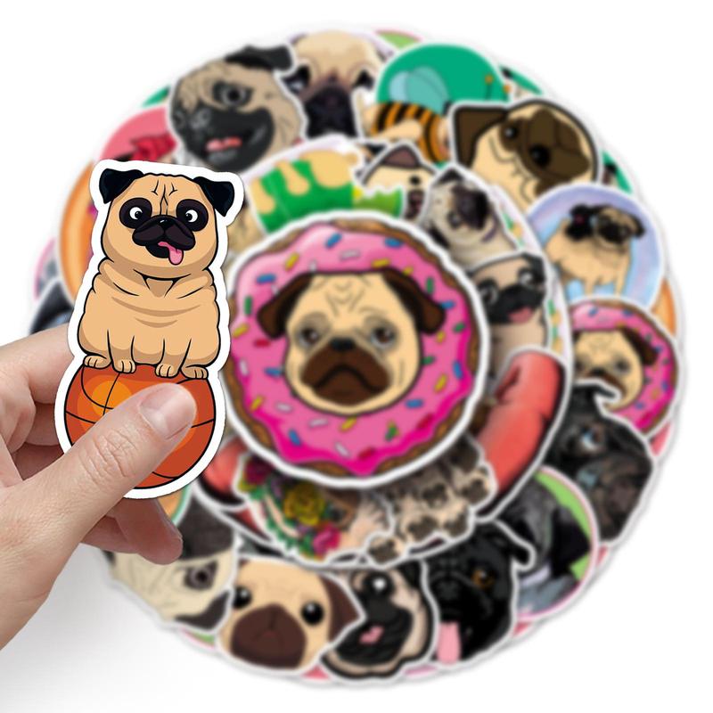 50pcs Cartoon Pug Dog Pattern Sticker, Waterproof Decorative Sticker For DIY Scrapbook, Guitar, Luggage, Skateboard