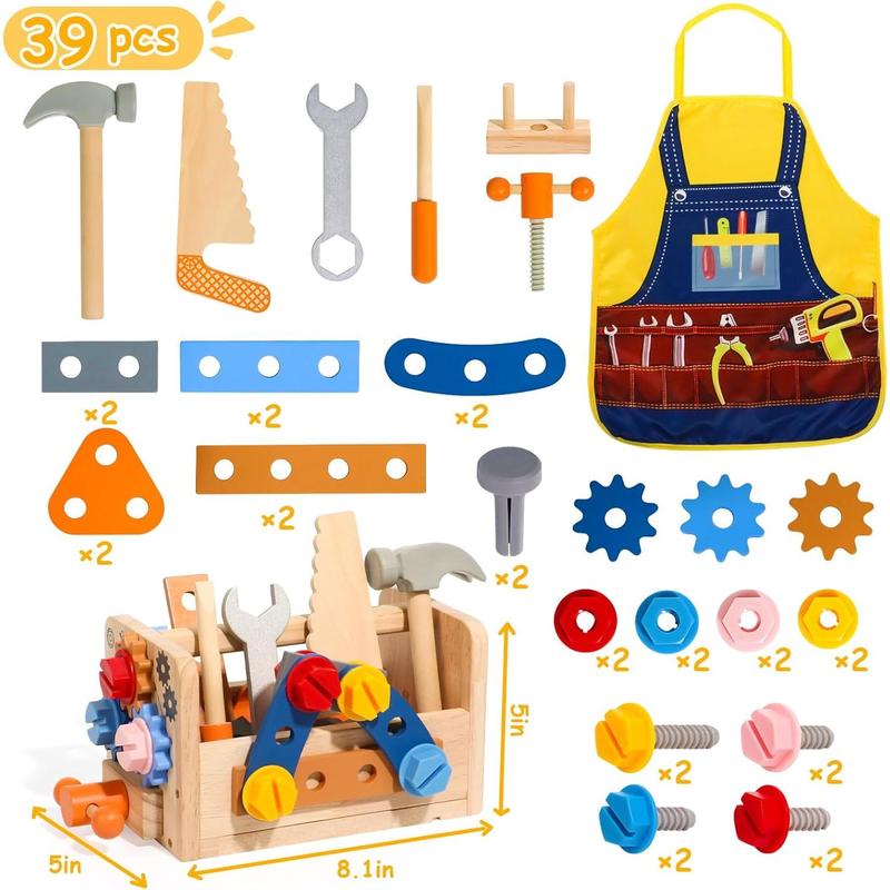 TONZE Kids Tool Set with Apron, Wooden Toddler Tool Bench Montessori Toys for 3 4 5 Year Old 39 PCS Educational STEM Construction Toys for Ages 3-4 Pretend Play Toddler Tool Birthday Gift for Boy Girl