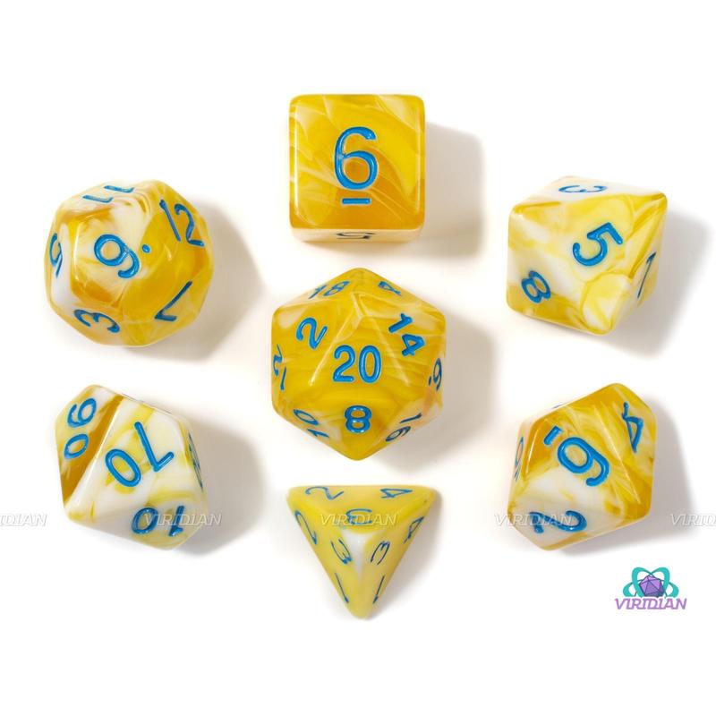 Lemon Cream | Yellow and White Swirled Acrylic Dice Set (7) | Dungeons and Dragons (DnD)