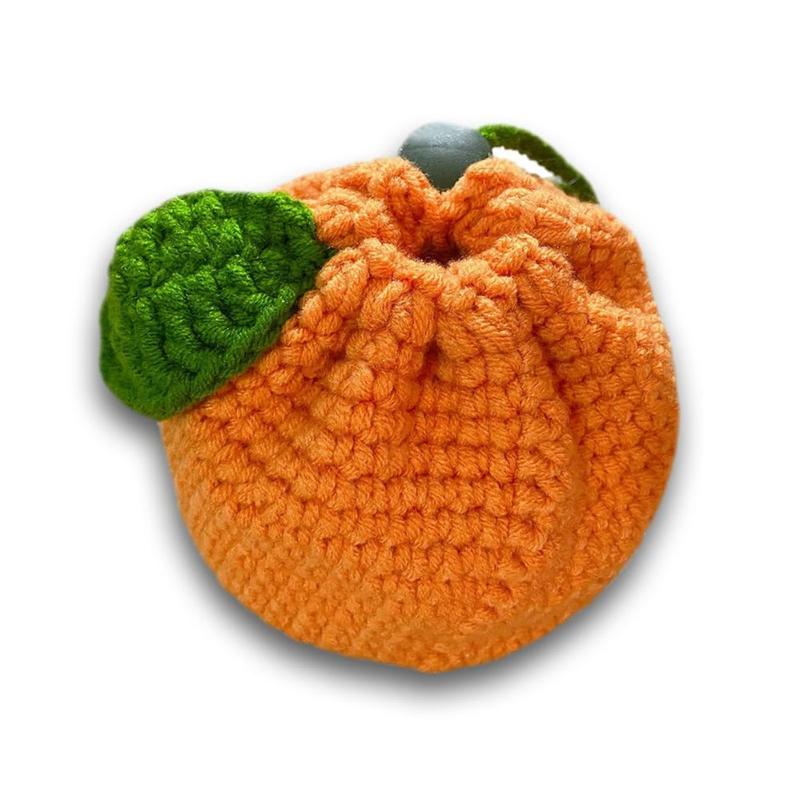 Cute Tangerine Shaped Small Storage Bag, Crochet Drawstring Bags, Mini Handwoven Cotton Handbag, Coin Purse Pouch, Orange Knitting Change Wallet, Earbuds Protective Case, Handmade Gift for Women and Girls