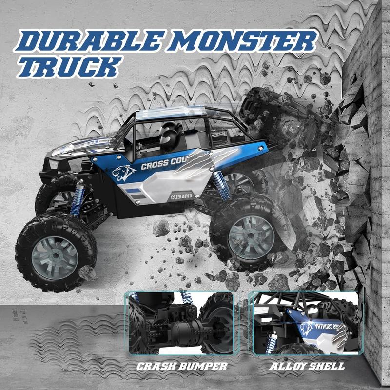 DE60 Large 1:8 Scale Upgraded RC Car, Off-Road Monster Truck with Realistic Sound, 2.4GHz 4WD Rock Crawler, All-Terrain Climbing, 2 Batteries for 80 Minutes of Play