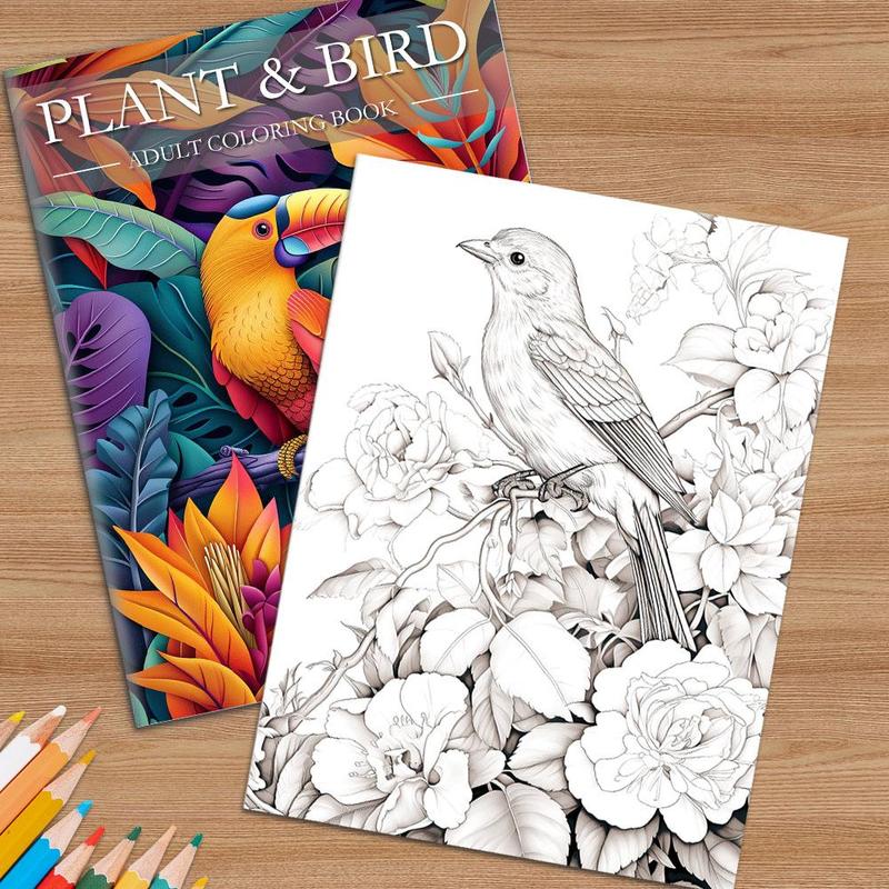 Plant Flower and Bird Theme Coloring Painting, Flowers, Birds and Plants Are Lifelike, Suitable for Halloween, Christmas Holiday Party Great Gift