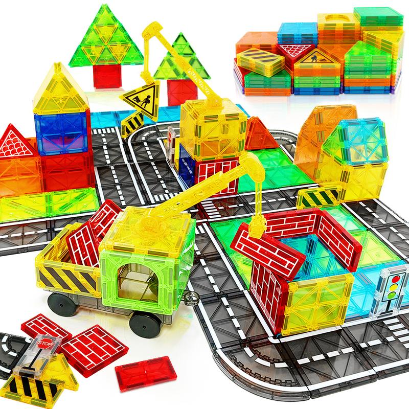 Magnetic Tiles Road Set with Magnet Crane Car Toys, Magnetic Blocks STEM Toys Creativity and Educational Construction Toys Toys for Kids Age 3-6 Birthday Gifts Random Color