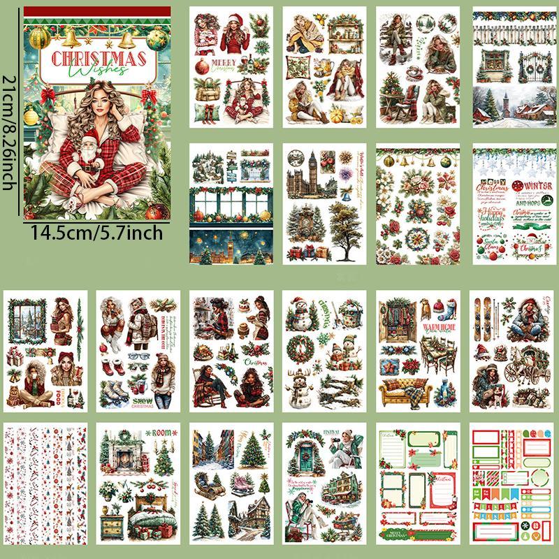 Vintage Christmas Themed Sticker Book, 20sheets book Holiday Gift Decorative Sticker, DIY Decorative Sticker for Scrapbooking, Journaling, Gift Wrapping