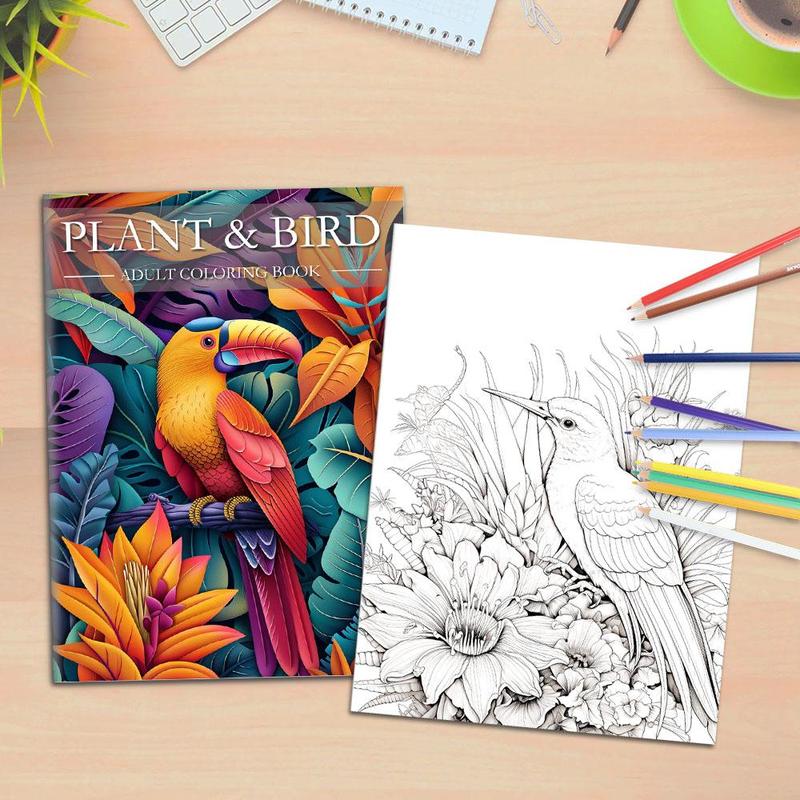 Plant Flower and Bird Theme Coloring Painting, Flowers, Birds and Plants Are Lifelike, Suitable for Halloween, Christmas Holiday Party Great Gift