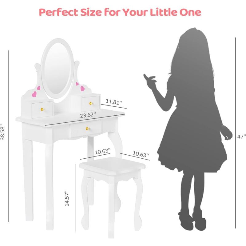 Vanity Set with 3 Drawers and Real Mirror, Princess Vanity Table and Chair Set, Makeup Dressing Table with Rotatable Mirror for Girls