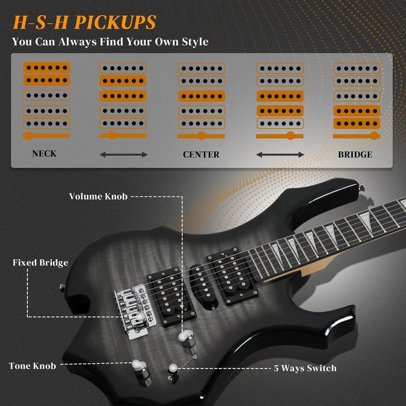 Burning Fire Design Electric Guitar Kit, 39-inch HSH Pickup Electric Guitar Beginner Guitar Set with Amplifier, Rosewood Fingerboard, 5-Ways Pickup Switch (Tiger Black)