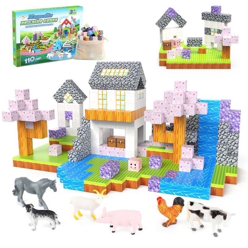 2024 Magnetic Blocks-100PCS Magnetic Building Blocks Magnetic Tiles Stacking, Build-Magnet-World Set, STEM Montessori Sensory Toy smagnet blocks（110 Chemy & Animal）