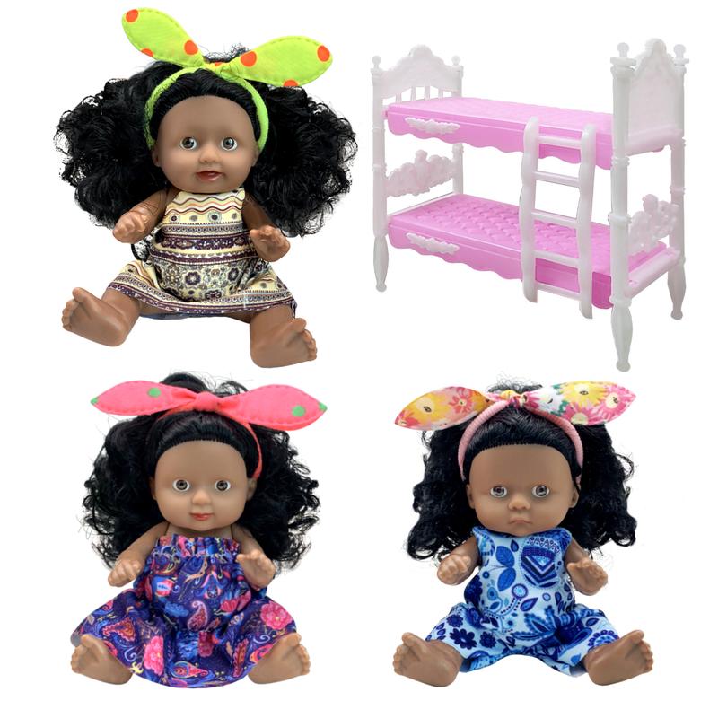 3 Pcs Mini Baby Dolls with Bunk Bed Set, Black Baby Dolls, African American Dolls Curly Hairs, Little Mini Reborn Babies, Cute Doll for Girls Kids, Birthday Baby Shower Party Gifts doll house christmas  miniatures