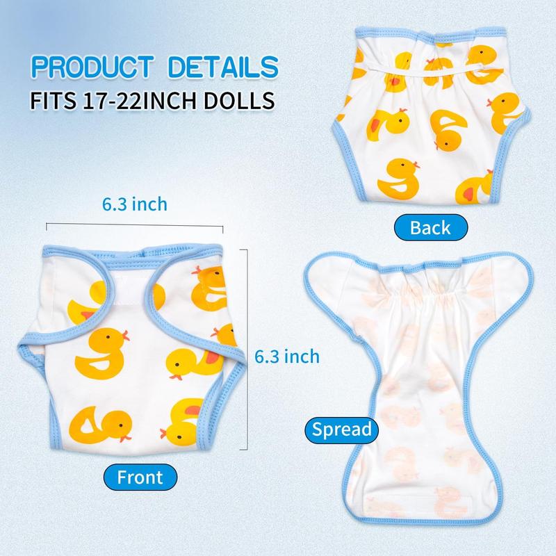 Reborn Baby Doll Diapers 4-Pieces for 17-22 Inch Reborn Dolls Adjustable Reusable Newborn Doll Diapers Accessories Cute Little Ducks Design