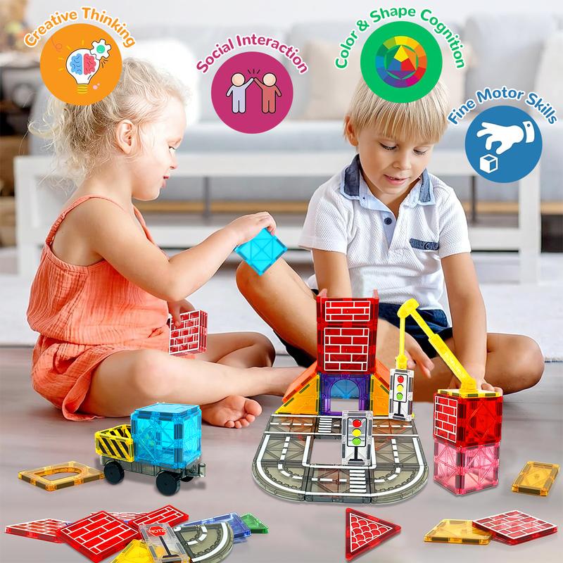 Magnetic Tiles Road Set with Magnet Crane Car Toys, Magnetic Blocks STEM Toys Creativity and Educational Construction Toys Toys for Kids Age 3-6 Birthday Gifts Random Color