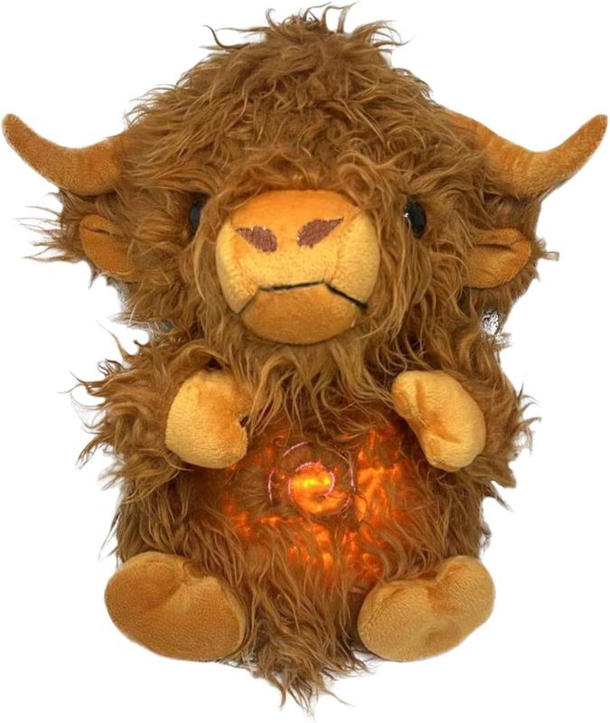 Breathing stuffed animal, breathing highland cattle stuffed animal, anxiety relief, sleep partner, sleep with music lights and rhythmic breathing movement