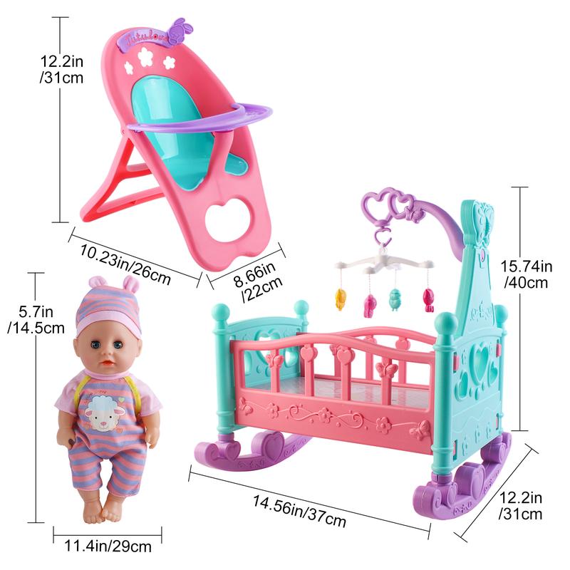 deAO Black Doll Set with Crib American Doll Set Mobile High Chair Stroller Feeding Accessories 21 Pieces Play Set (Doll Included)