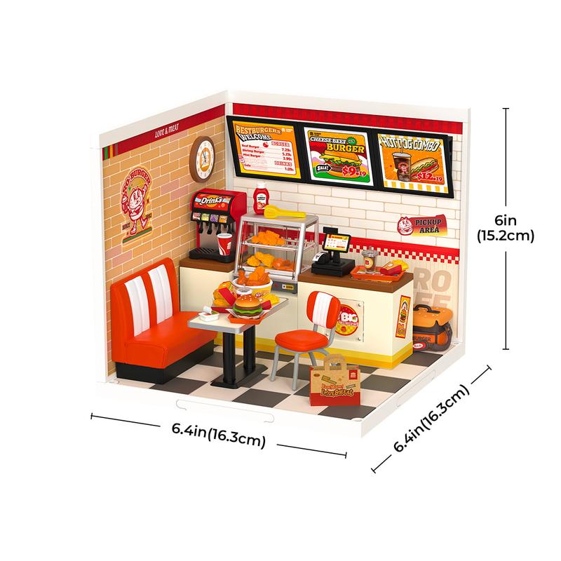 Rolife Yum Yum Burgers DIY Plastic Miniature House Building Toy Set with LED Tiny Store Model Craft Hobby Unique Gift christmas 2024 ornament