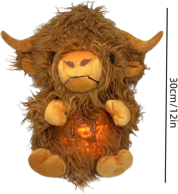 Breathing stuffed animal, breathing highland cattle stuffed animal, anxiety relief, sleep partner, sleep with music lights and rhythmic breathing movement