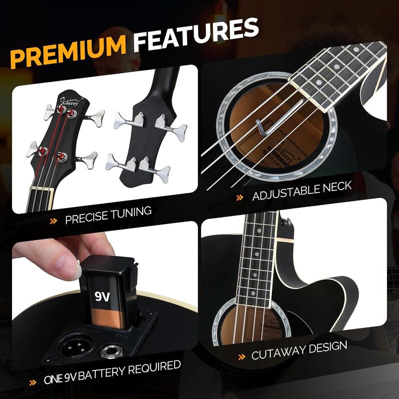 GLARRY Full Size Acoustic Electric Bass Guitar Beginner Kit w  15W Amp, Cutaway 4 Strings Electric Acoustic Bass Guitar w Inbuilt Tuner, Bag, Strap, Picks, Strings, Bass Guitarra，Matte Black