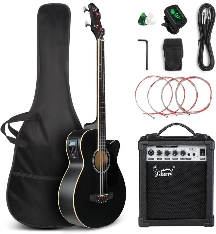 GLARRY Full Size Acoustic Electric Bass Guitar Beginner Kit w  15W Amp, Cutaway 4 Strings Electric Acoustic Bass Guitar w Inbuilt Tuner, Bag, Strap, Picks, Strings, Bass Guitarra，Matte Black