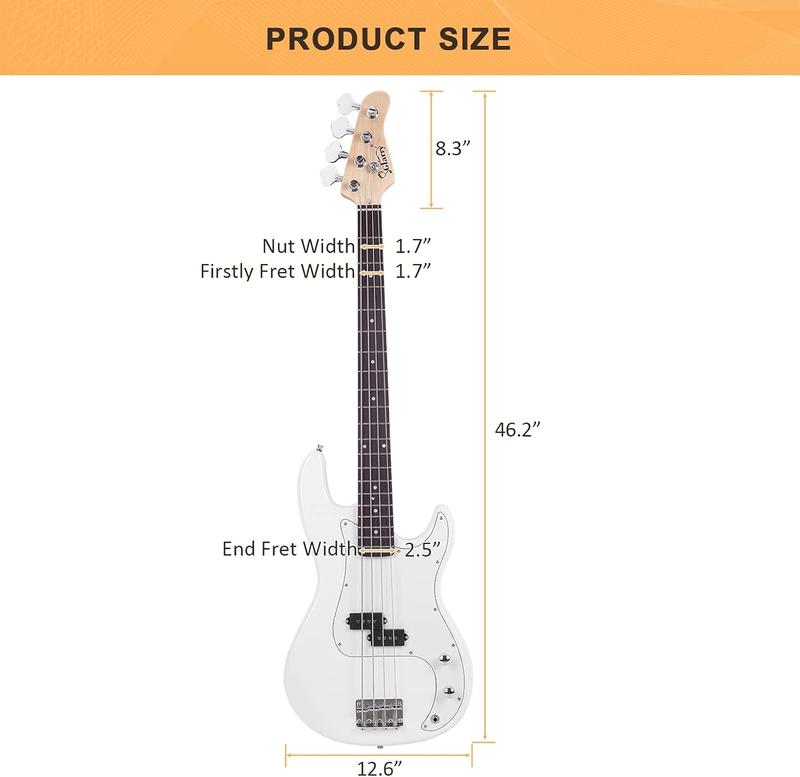 GLARRY Full Size Electric Bass Guitar with 20W AMP, 4 String Beginner Starter Kit with Accessories including Cable, Strap, Bag for Kids and Adults (White)