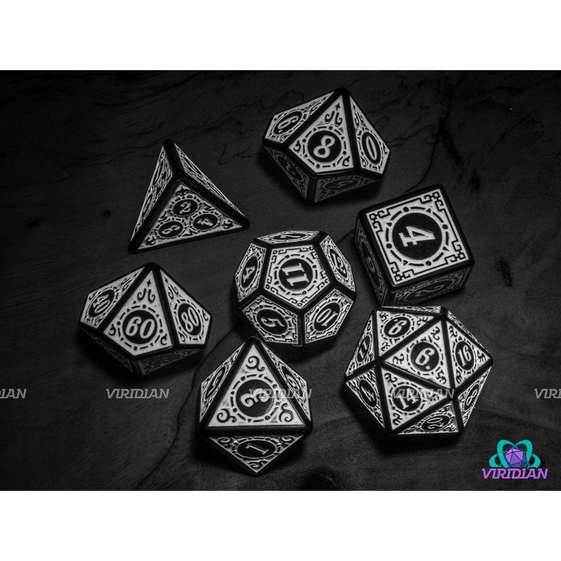 B&W | Roaring 20s: White Lattice | Stylized Acrylic Dice Set (7) | DnD TTRPG