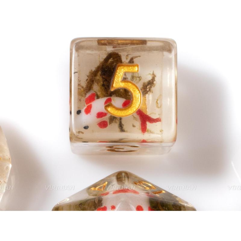 Red Koi | Fish & Moss Inside Clear Resin Dice Set (7) | Dungeons and Dragons (DnD)