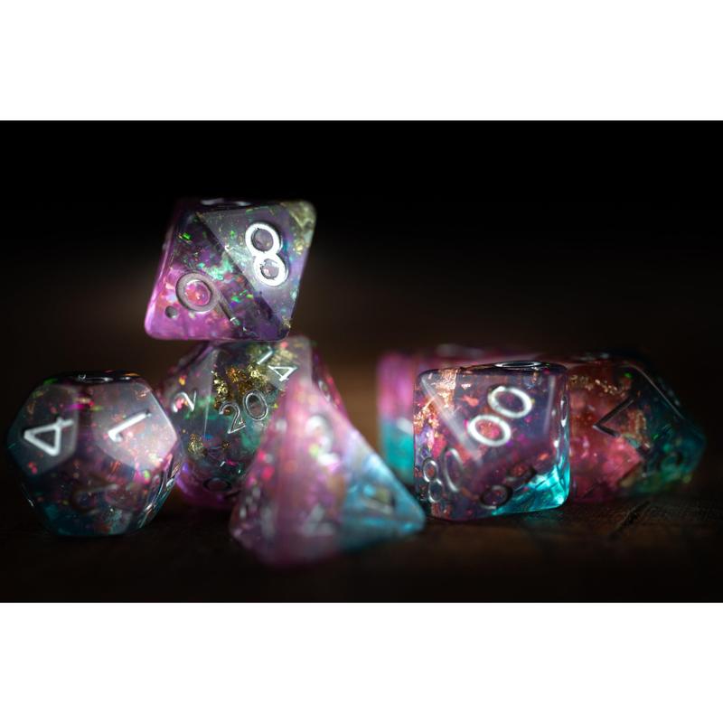 DnD dice sets: Cosmic Sky Space Dice Set: DnD Resin Polyhedral Glitter Dice in Blue and Purple