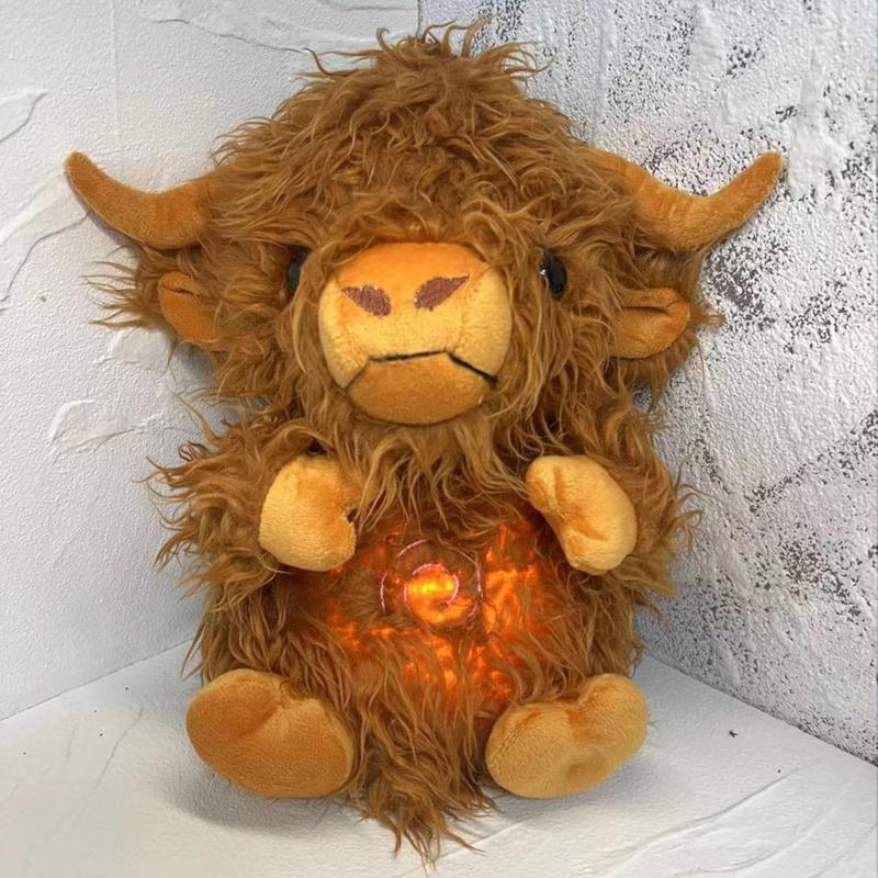 Breathing stuffed animal, breathing highland cattle stuffed animal, anxiety relief, sleep partner, sleep with music lights and rhythmic breathing movement