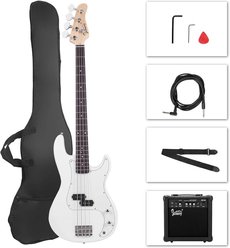 GLARRY Full Size Electric Bass Guitar with 20W AMP, 4 String Beginner Starter Kit with Accessories including Cable, Strap, Bag for Kids and Adults (White)