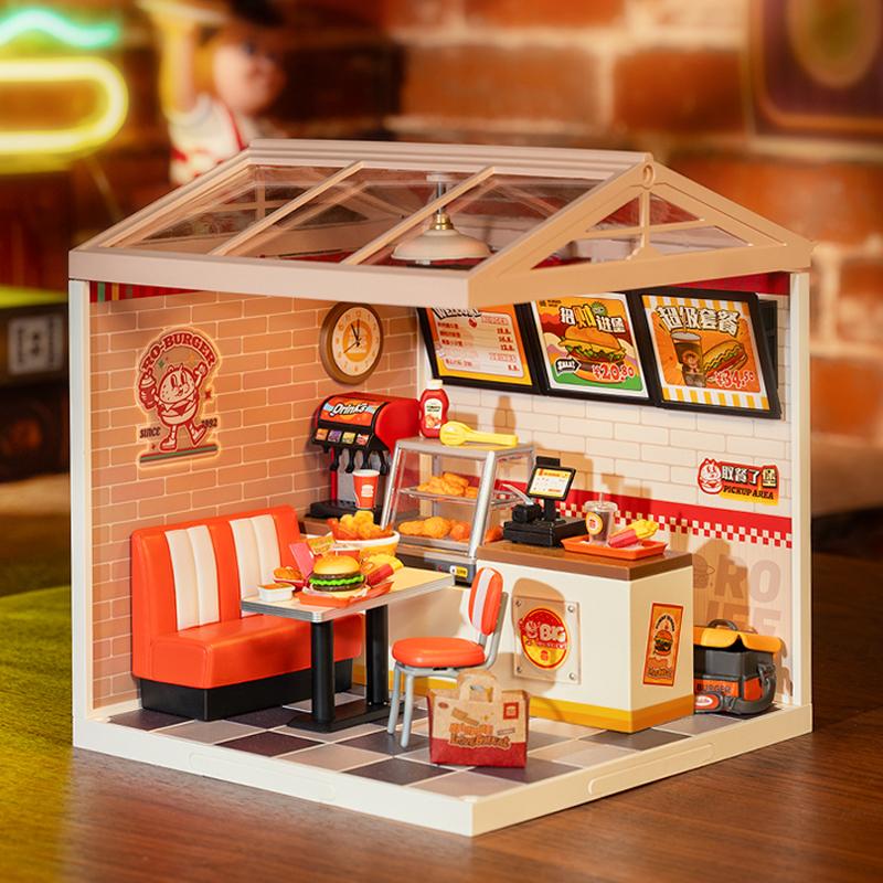 Rolife Yum Yum Burgers DIY Plastic Miniature House Building Toy Set with LED Tiny Store Model Craft Hobby Unique Gift christmas 2024 ornament