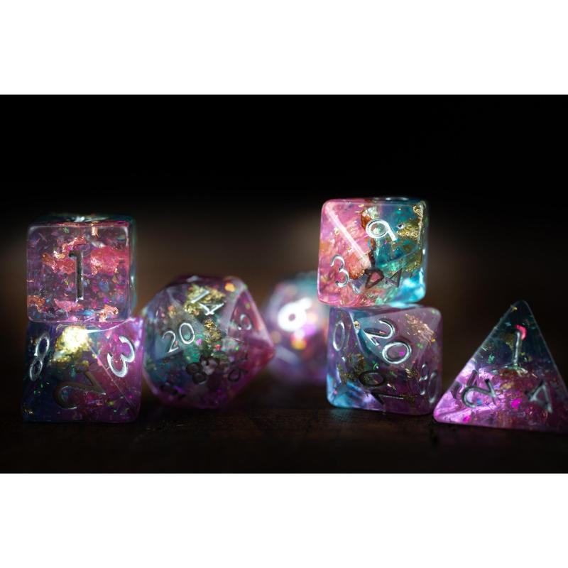 DnD dice sets: Cosmic Sky Space Dice Set: DnD Resin Polyhedral Glitter Dice in Blue and Purple