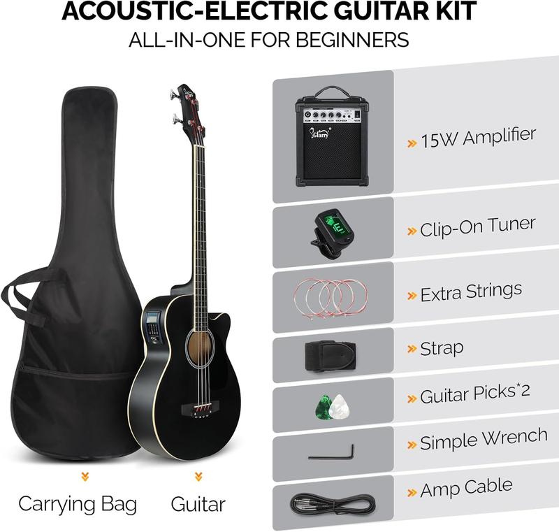 GLARRY Full Size Acoustic Electric Bass Guitar Beginner Kit w  15W Amp, Cutaway 4 Strings Electric Acoustic Bass Guitar w Inbuilt Tuner, Bag, Strap, Picks, Strings, Bass Guitarra，Matte Black