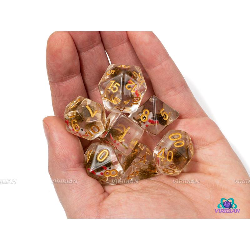 Red Koi | Fish & Moss Inside Clear Resin Dice Set (7) | Dungeons and Dragons (DnD)