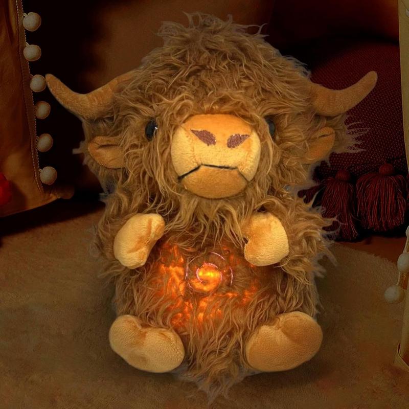 Breathing stuffed animal, breathing highland cattle stuffed animal, anxiety relief, sleep partner, sleep with music lights and rhythmic breathing movement