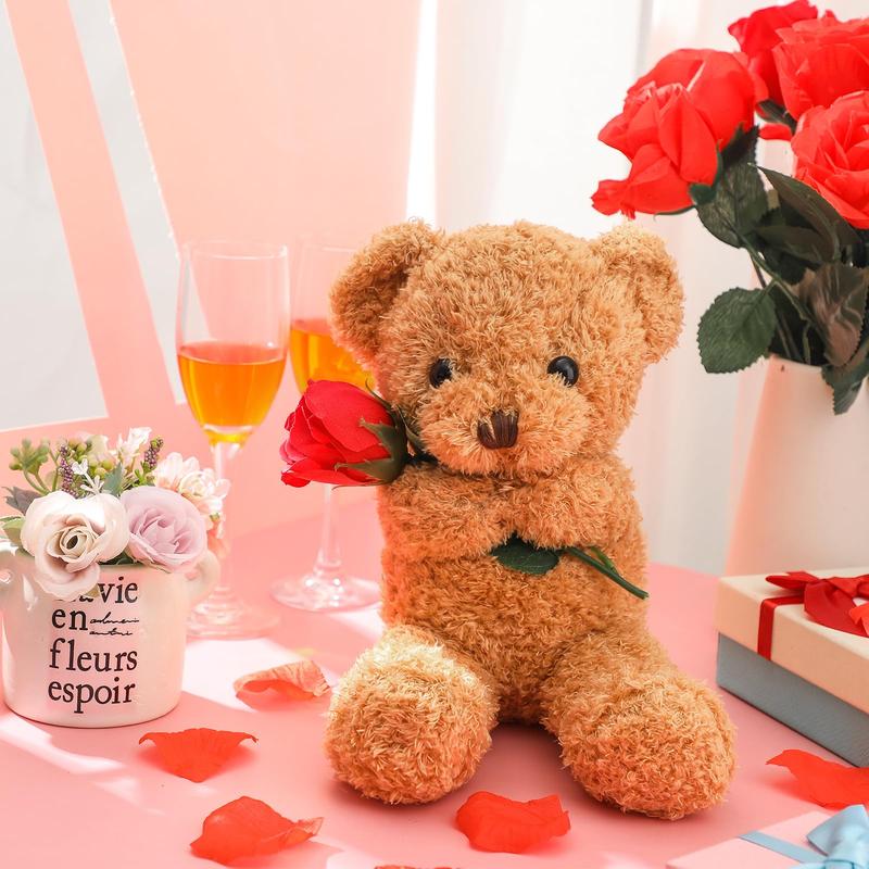 Plush Stuffed Animal Bear with Rose Teddy Bear with Rose Funny Cute Stuffed Animal Plush Bear Frog Cow Heart Dog Plush Gift for Girls Boy Christmas Valentine's Day Wedding Mother's Day Anniversary Birthday(11.8 Inches)