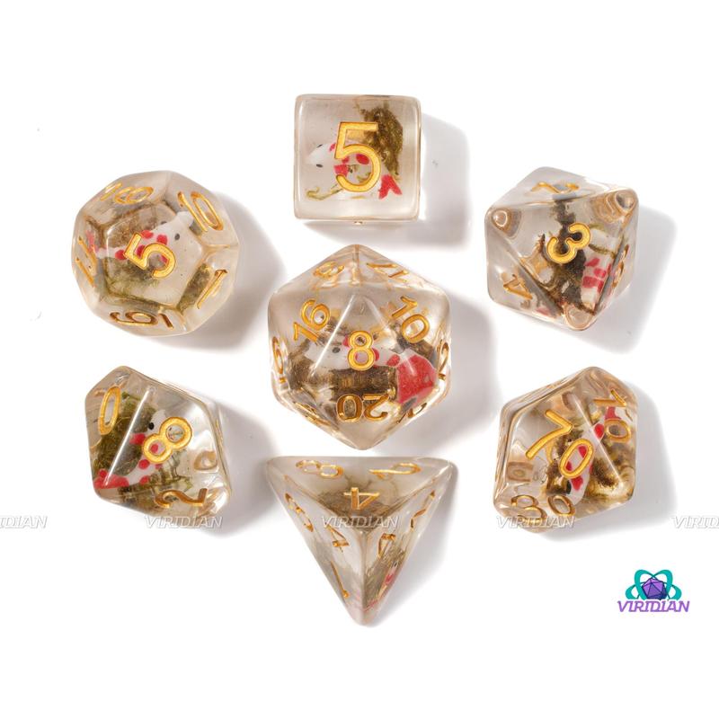 Red Koi | Fish & Moss Inside Clear Resin Dice Set (7) | Dungeons and Dragons (DnD)