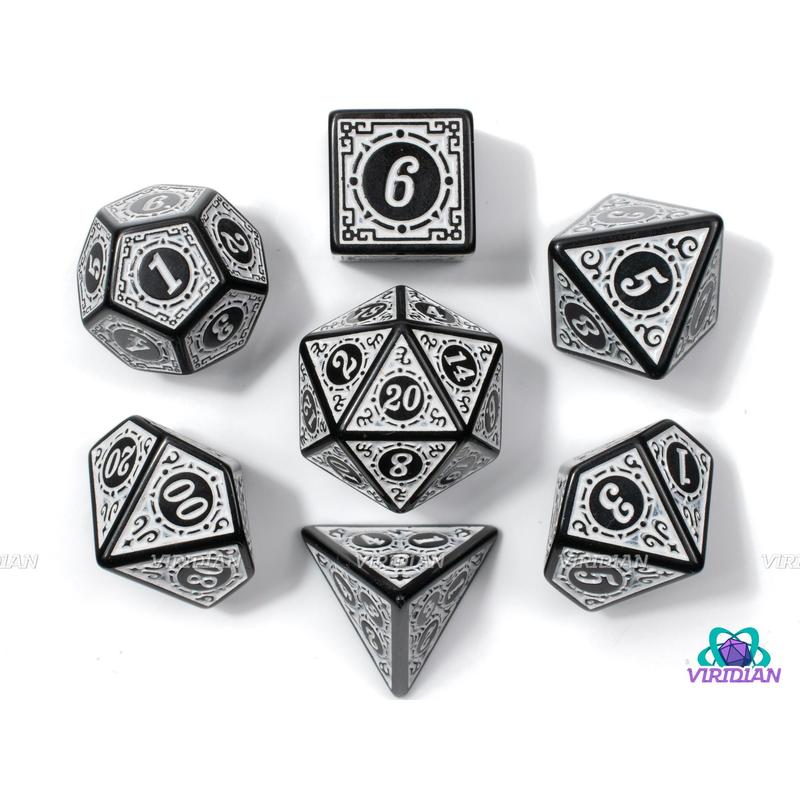 B&W | Roaring 20s: White Lattice | Stylized Acrylic Dice Set (7) | DnD TTRPG