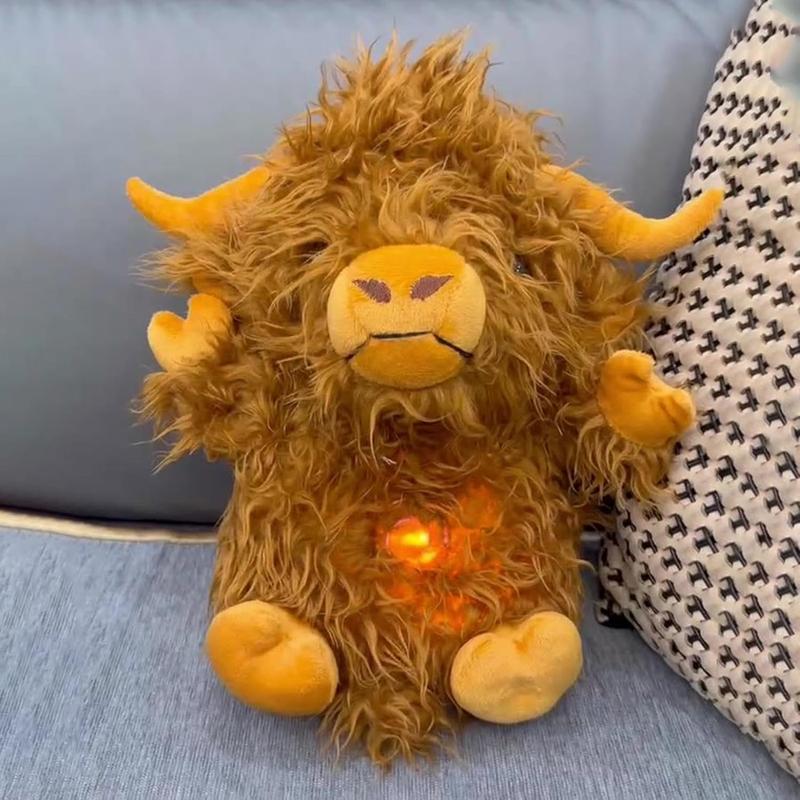 Breathing stuffed animal, breathing highland cattle stuffed animal, anxiety relief, sleep partner, sleep with music lights and rhythmic breathing movement