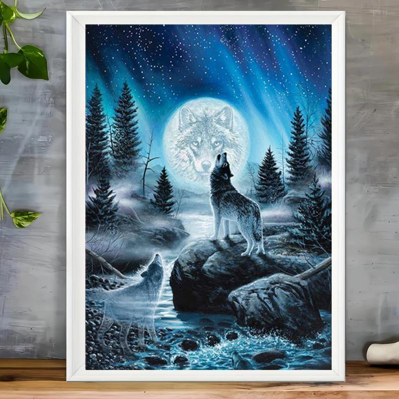 Wolf and Moon Pattern DIY Diamond Art Painting Without Frame, DIY 5D Diamond Art Kit For Adults & Teenager, DIY Decor Painting For Home Bedroom Living Room And Office