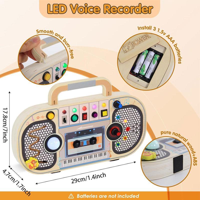 Random Color Wooden Busy Board, LED Recorder Design Sensory Toy with Light & Song, Montessori Toy for Birthday Gifts