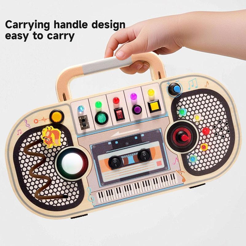 Random Color Wooden Busy Board, LED Recorder Design Sensory Toy with Light & Song, Montessori Toy for Birthday Gifts